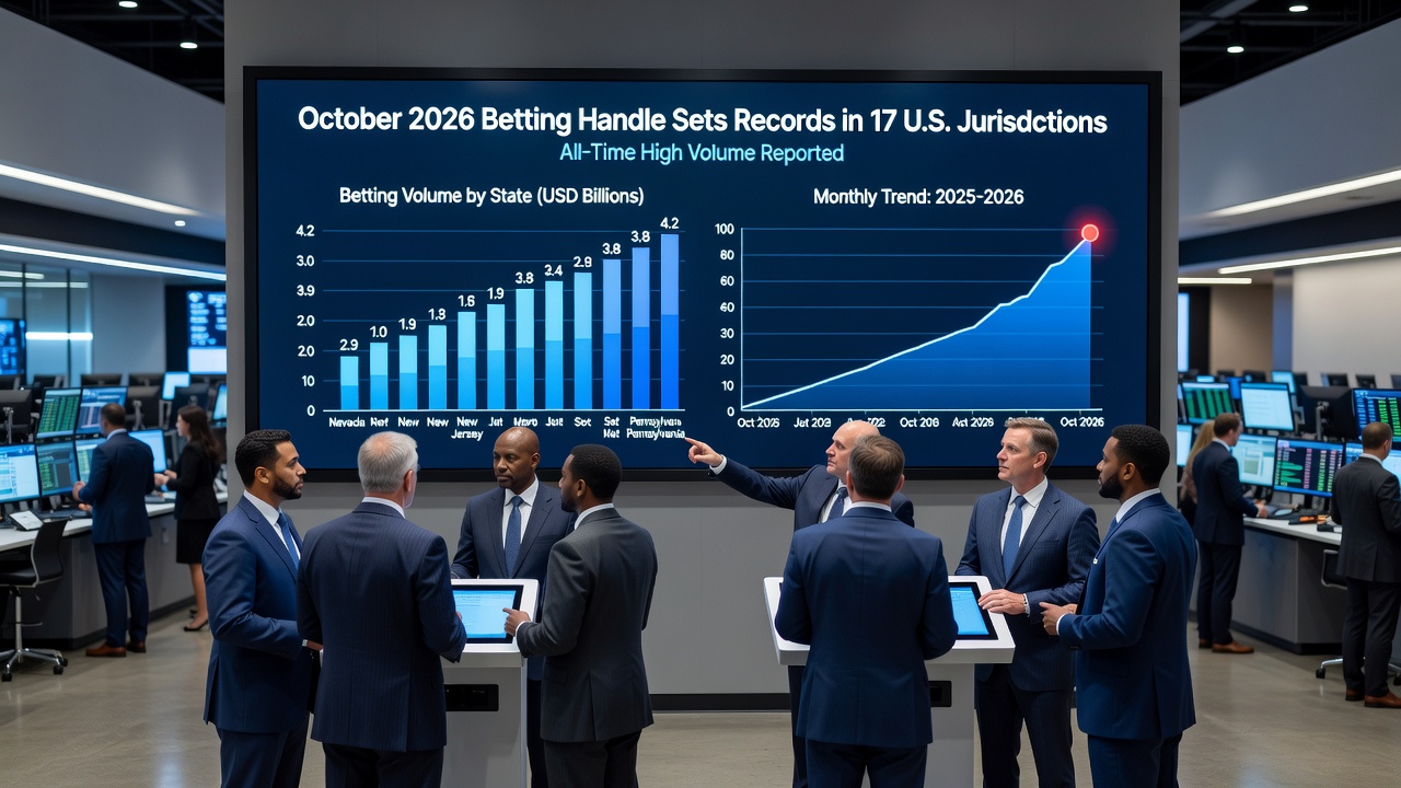 U.S. state maps highlighting sports betting legalization and record handle months